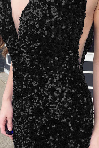 Vestido largo de fiesta negro con lentejuelas y escote en V profundo estilo sirena