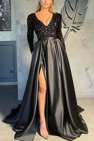 Magnifique robe de bal en satin à sequins, manches longues et col en V 