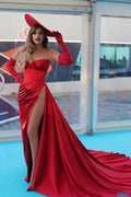 Magnifique robe de bal rouge longue sirène à épaules dénudées et fente