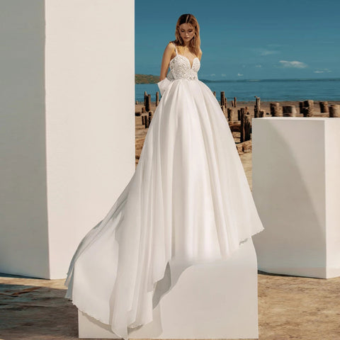 Vestidos de novia bohemios de corte A para mujer, con escote corazón, tirantes finos, espalda descubierta, lazo brillante con cuentas en la espalda, Robe De Mariee