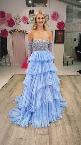 Vestido de graduación de organza con escote corazón, corte en A y mangas desmontables
