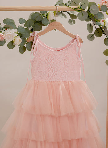 Robe longue rose en tulle et dentelle, coupe trapèze (010220942) 