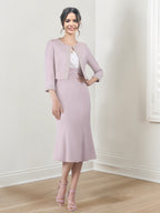 Vestidos de corte recto/columna con escote en V y largo hasta la rodilla para la madre de la novia 