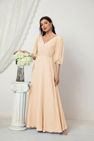 Baoleely  Formal Prom Gown Women V-Neck Chiffon Bridesmaid Dresses Long Bishop Sleeve Party Dress 2807