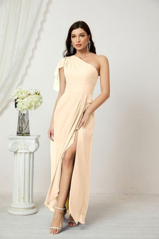 Robe de demoiselle d'honneur longue en mousseline de soie à volants et à une épaule, coupe trapèze, robe de soirée formelle fendue sur le côté, 2809