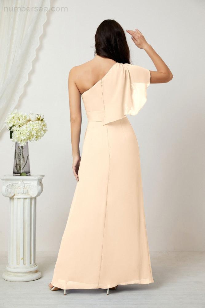 Baoleely  Chiffon Ruffled One Shoulder Long Bridesmaid Dresses A-line Formal Evening Gown Side Split 2809