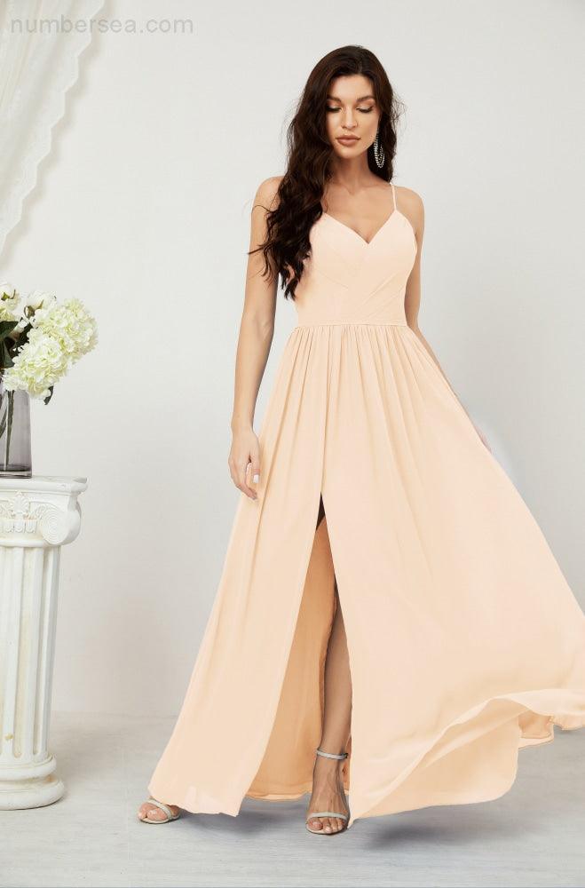 Robe de demoiselle d'honneur en mousseline de soie, longue, coupe trapèze, col en V, pour soirée de mariage, 2801 
