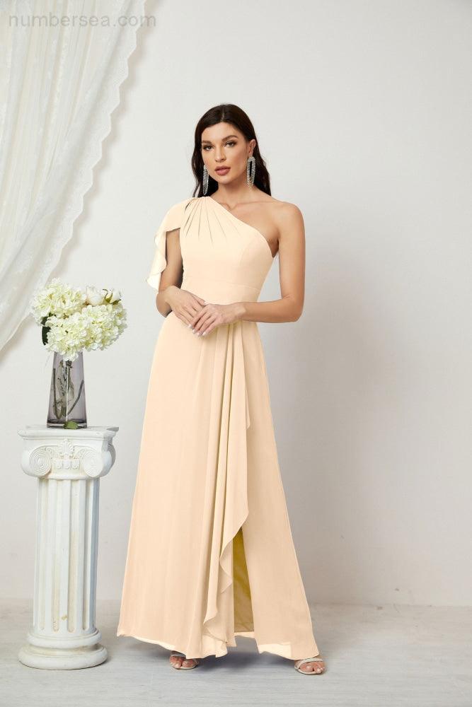 Baoleely  Chiffon Ruffled One Shoulder Long Bridesmaid Dresses A-line Formal Evening Gown Side Split 2809