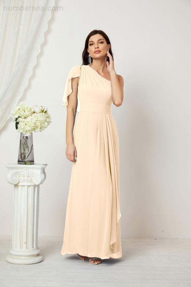 Baoleely  Chiffon Ruffled One Shoulder Long Bridesmaid Dresses A-line Formal Evening Gown Side Split 2809