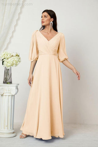 Baoleely  Formal Prom Gown Women V-Neck Chiffon Bridesmaid Dresses Long Bishop Sleeve Party Dress 2807
