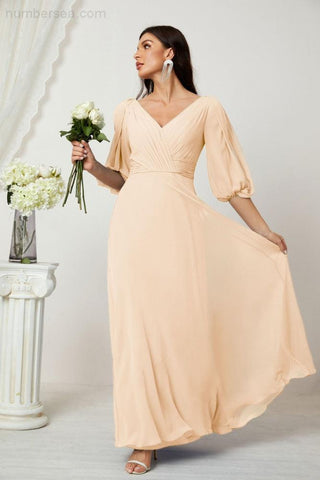 Baoleely  Formal Prom Gown Women V-Neck Chiffon Bridesmaid Dresses Long Bishop Sleeve Party Dress 2807