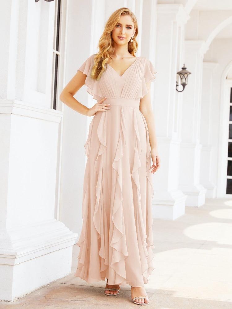 Ruffled Bridesmaid Dresses with Sleeves Long Formal Party Dress 28041