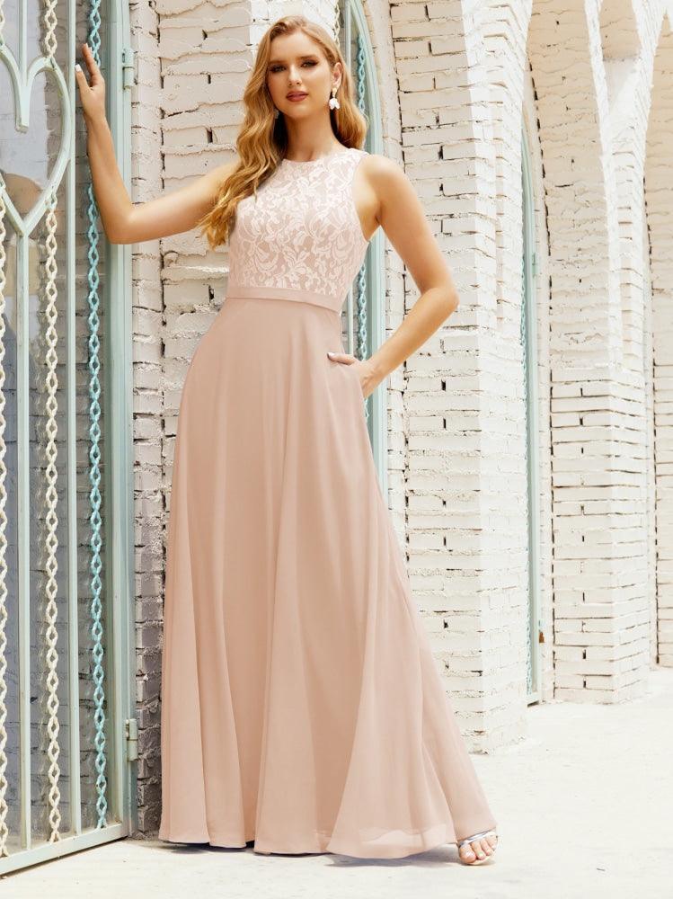 Vestido de dama de honor de encaje, largo hasta el suelo, con bolsillos, 28017 