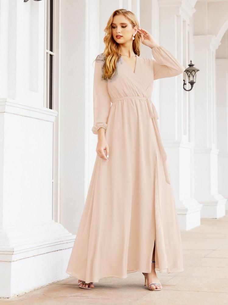Vestido de dama de honor de gasa para mujer Sunderly, corte en A, manga larga, vestido de noche formal para invitada de boda SY28032 