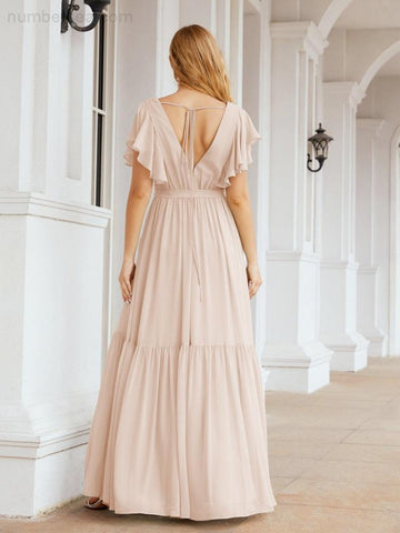 Vestido de fiesta formal de noche con espalda descubierta para mujer Baoleely, escote en V, largo, de gasa, con cinturón a la cintura 28038