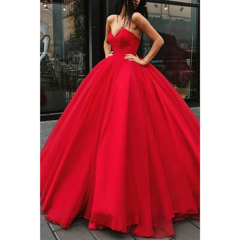 Vestido de fiesta largo de tul rojo con escote en V, vestido de noche formal 