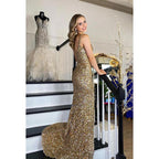 Sheath/Column Straps Sequined Split Sleeveless Prom Dress