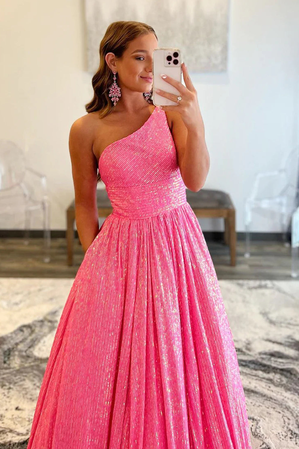 Sparkly Plus Size Light Blue One Shoulder A Line Sequins Prom Dress