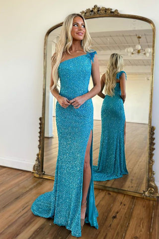 Robe de bal longue sirène asymétrique bleue à sequins et fente sur le devant