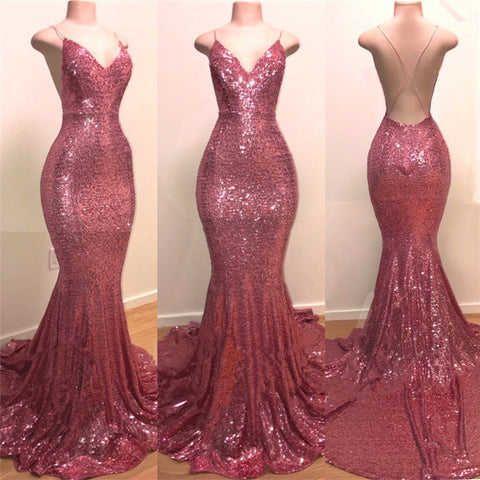 Open Back Spaghetti Straps V-Neck Mermaid Sequins Long Prom Dress