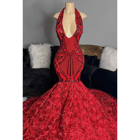 Trumpet/Mermaid V-Neck Lace Sequins Appliques Backless Sleeveless Prom Dress