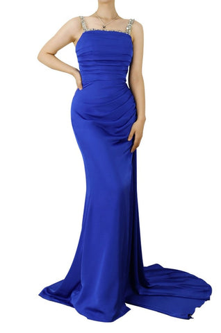 Spaghetti Straps Royal Blue Long Prom Dress with Slit and Pleated