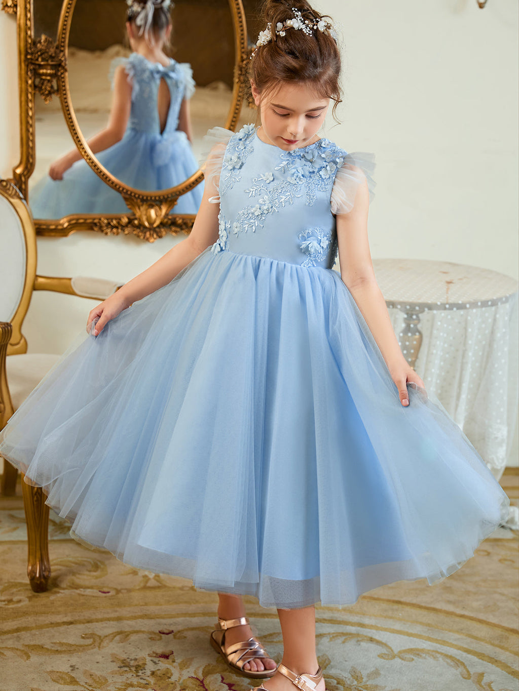 Vestido de baile/princesa de satén y tul azul hasta la rodilla (2003225970) 