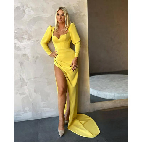 Robe de soirée longue sexy à col en V et manches longues avec fente 