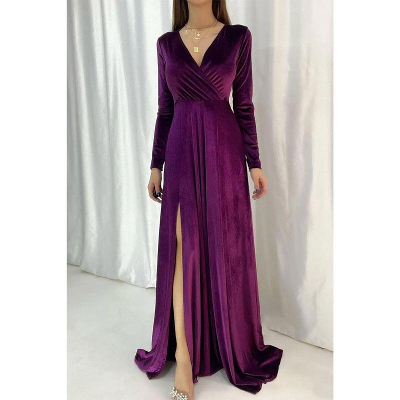 Vestido de noche largo y sencillo de terciopelo con escote en V y mangas largas, sexy y atractivo. 