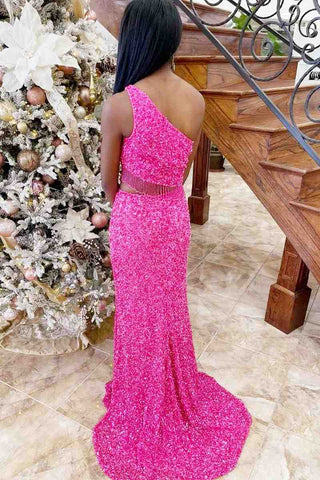 Two Piece Sequined One Shoulder Long Party Dress with Tassel