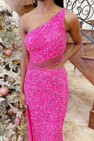 Two Piece Sequined One Shoulder Long Party Dress with Tassel