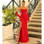 Vestido de noche largo formal con apliques de encaje y corte tubo/columna con abertura 
