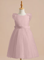 Vestido de niña de las flores de corte A, de satén y tul, hasta la rodilla 