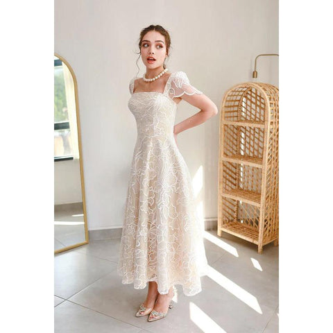 Robe de soirée trapèze en tulle imprimé, col carré, manches courtes, longueur thé