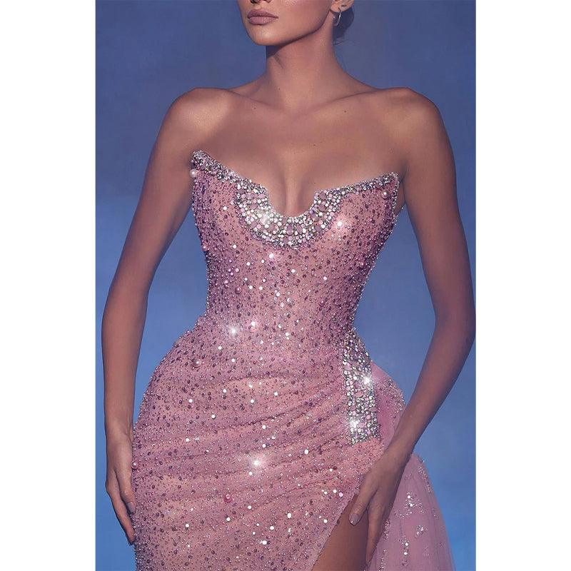 Robe de soirée à paillettes, ajustée, sans bretelles, sans manches, avec fente latérale 