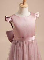 Vestido rosa empolvado de corte A y tul satinado hasta la rodilla (2003227179) 