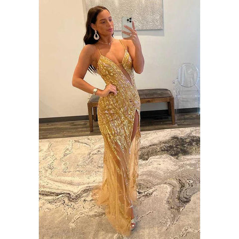 V-Neck Cut Outs Sequined Beaded Sheath Long Prom Gown With Slit