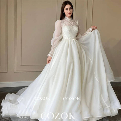 Organza A Line Appliques Lace Wedding Dress Puff Long Sleeves High Neck Bridal Gowns Robe De Mariage Custom TG001