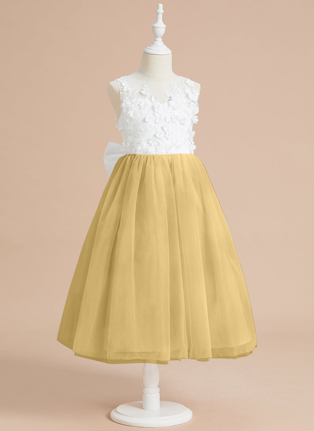 Vestido midi de encaje floral y lazo grande 