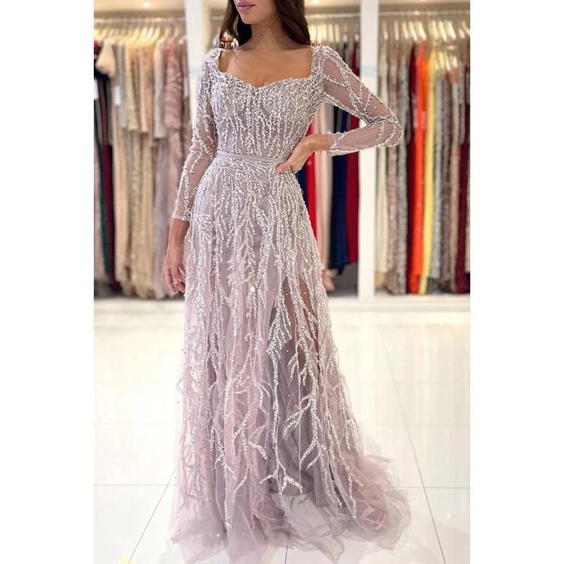 Robe de bal de fin d'année élégante, à manches longues, style sirène scintillante et spectaculaire, avec plumes