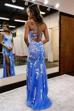 Ainhoa ​​| Vestido largo de fiesta de sirena azul brillante con encaje y abertura