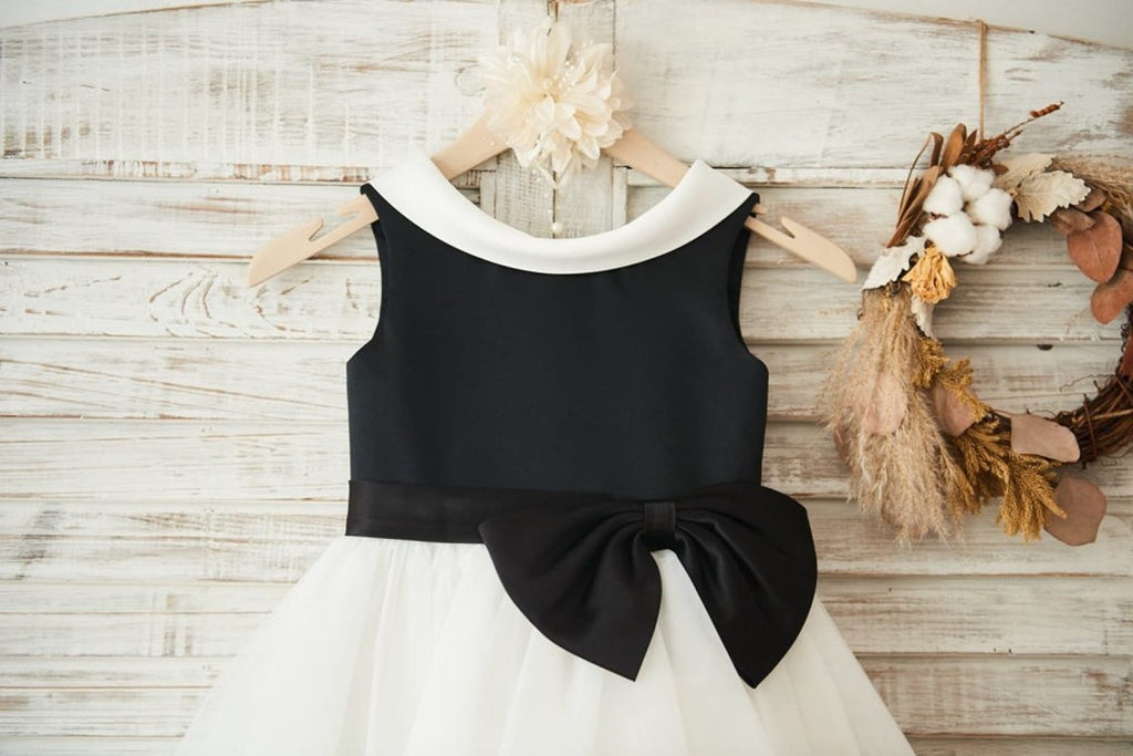 Vestido negro de tul satinado hasta la rodilla para niña de las flores 