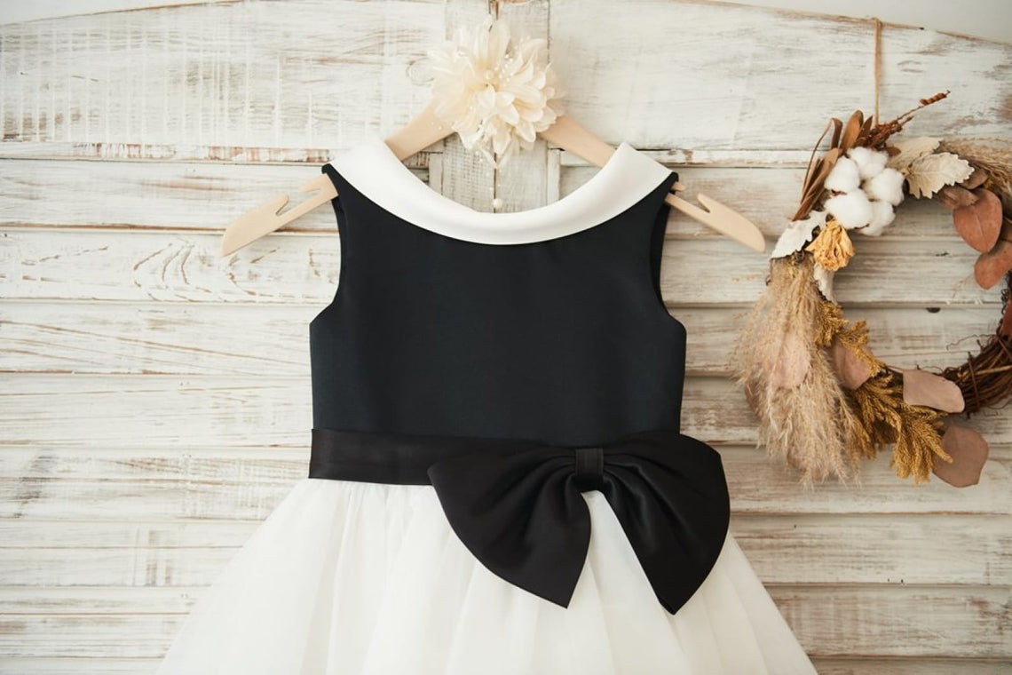 Vestido negro de tul satinado hasta la rodilla para niña de las flores 