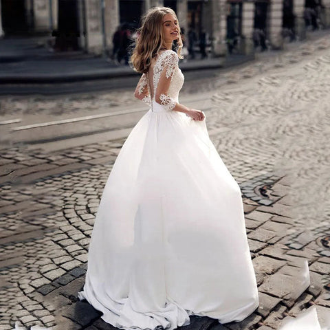 JEHETH Lace Appliques Wedding Dresses For Women Satin Elegant A Line Illusion Back With Button Bride Dress Vestidos de Novia