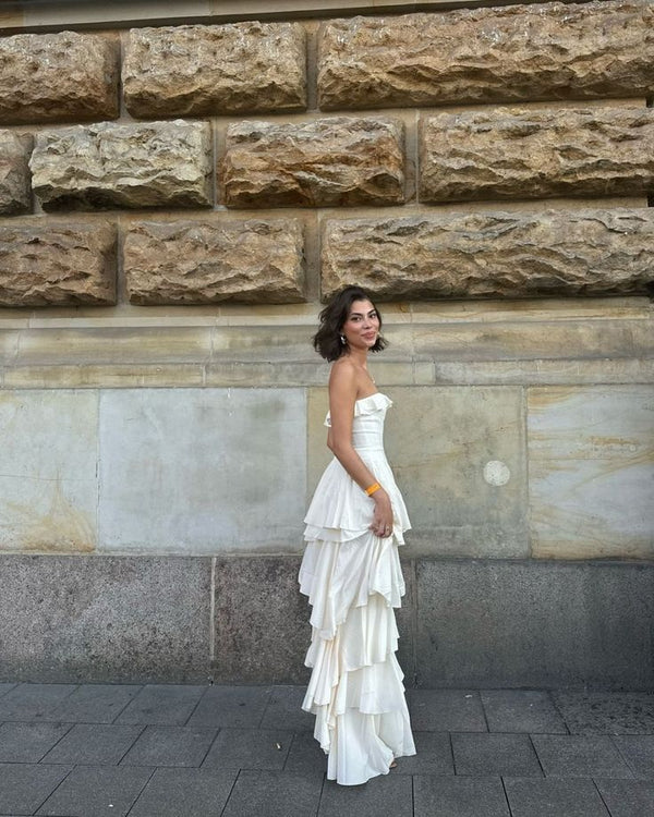 Robe de soirée élégante sans bretelles en satin à volants et fente, robe de bal ivoire formelle, robe de mariée Y8247