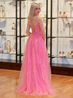 Robe de bal en tulle ornée d'appliqués de dentelle pour femme 2025, bretelles spaghetti, robe de soirée formelle avec fente 