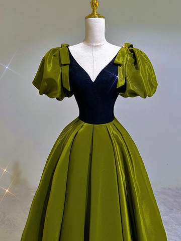 Robe de bal sexy verte en satin, col en V, manches bouffantes, robe de soirée Y7600