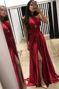 Vestido de fiesta de sirena color vino tinto con cuello halter, abertura y volantes