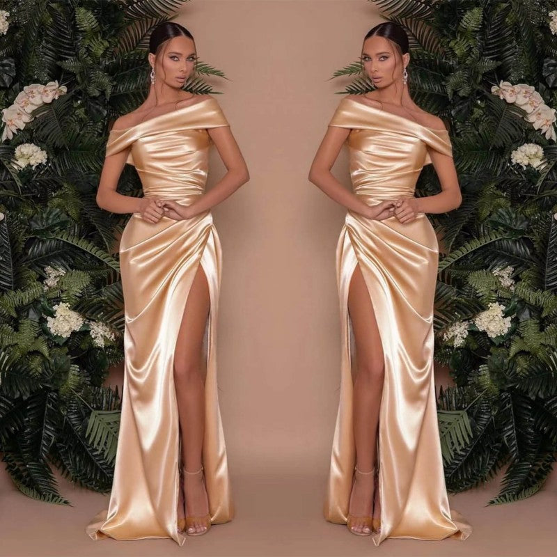 Off The Shoulder Charmeuse Prom Dress Split Ruffle Mermaid