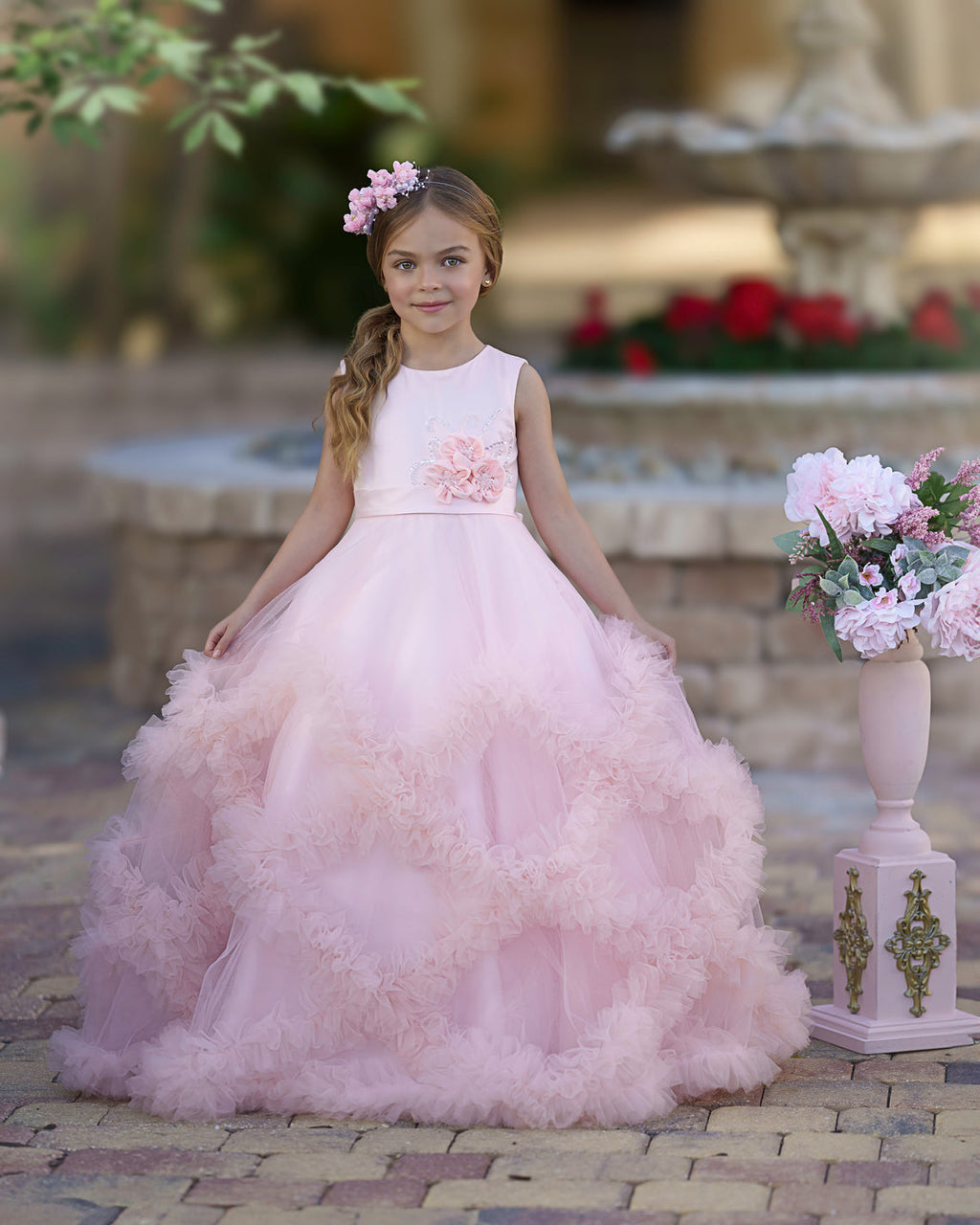 Vestido de niña de las flores de corte A, de satén y tul, hasta el suelo, con volantes en cascada. 